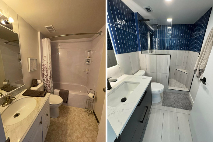 Amazing home renovation of a bathroom with blue and white tiles, a new vanity, and a glass shower.