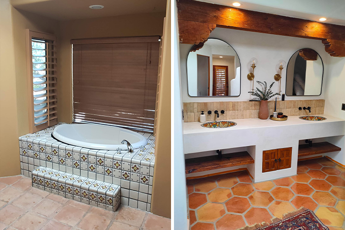 Bathroom renovations featuring a charming new vanity with dual sinks and patterned tile flooring for home design.