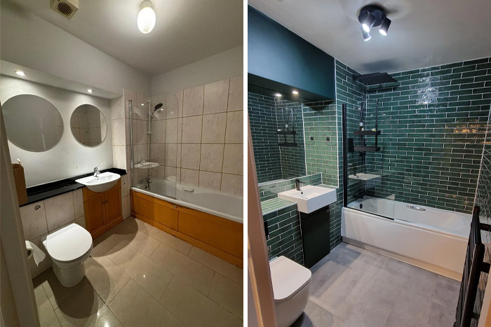 Modern bathroom renovations with green subway tiles and a sleek vanity for home improvement.