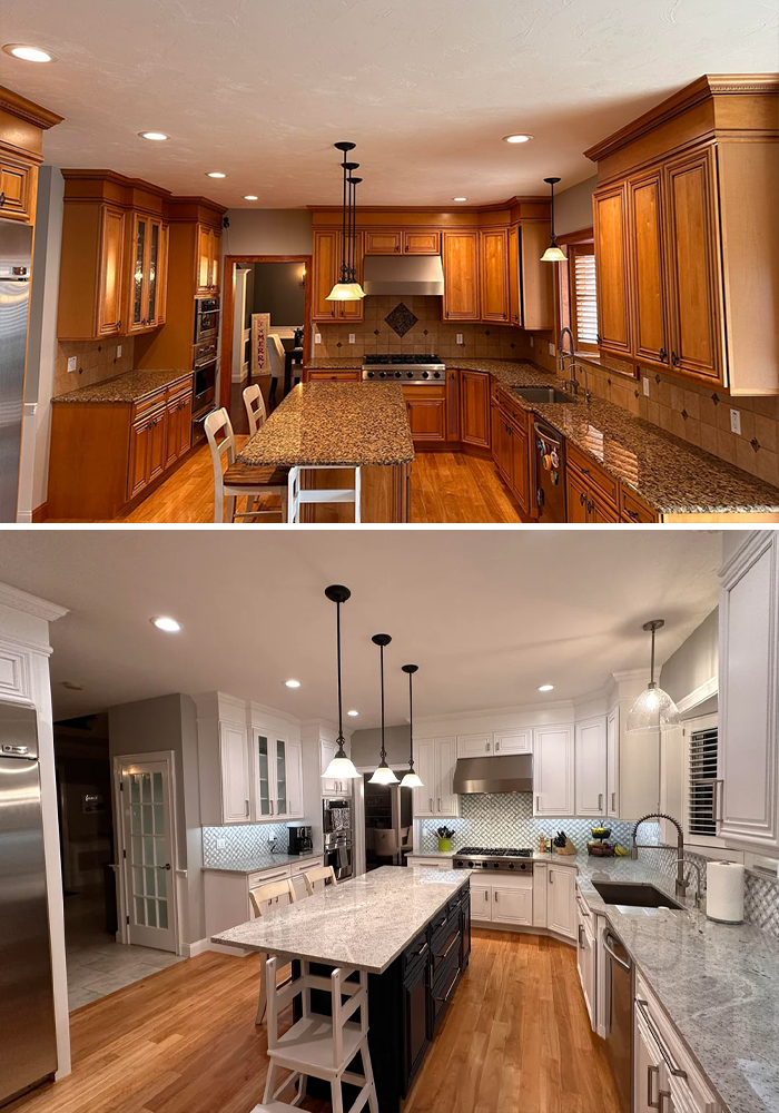 A before-and-after of a kitchen renovation, updating a traditional wood kitchen to a modern white and grey design.