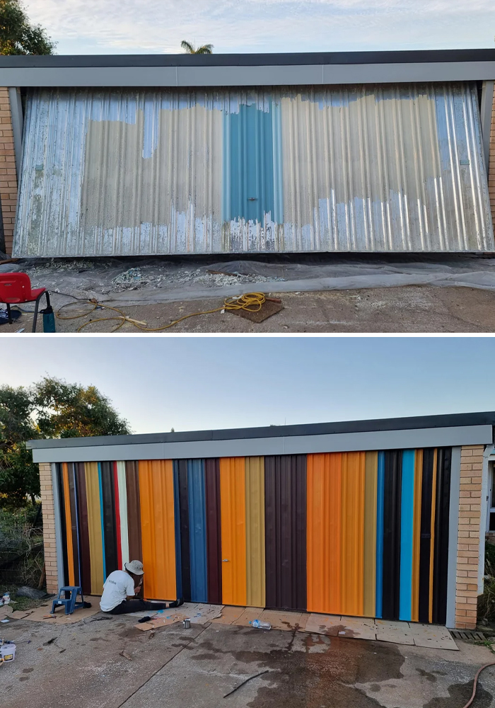 A before and after image showing a garage renovation, with the corrugated metal door being painted in various vertical stripes of color. This renovation might inspire you to redo your home.