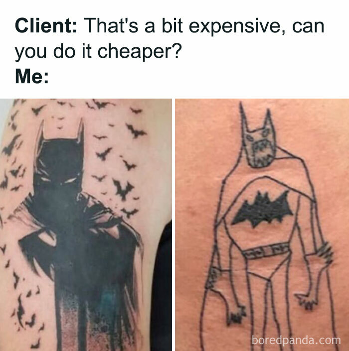 A side-by-side comparison of a detailed Batman tattoo and a poorly drawn, hilarious tattoo version for a cheaper price.
