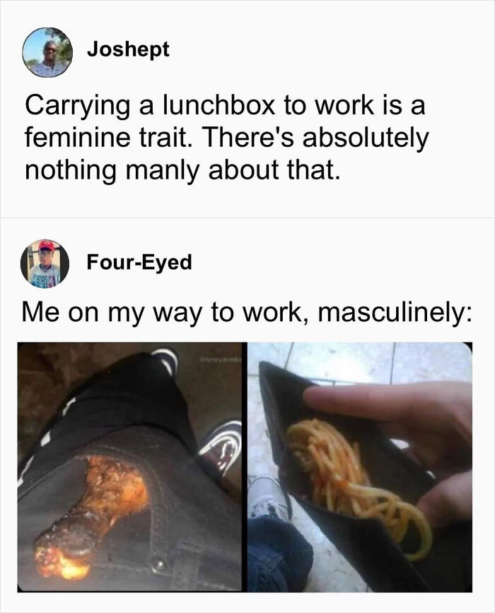 Two screenshots from Twitter showing a user shaming someone online for carrying a lunchbox, demonstrating fragile masculinity.