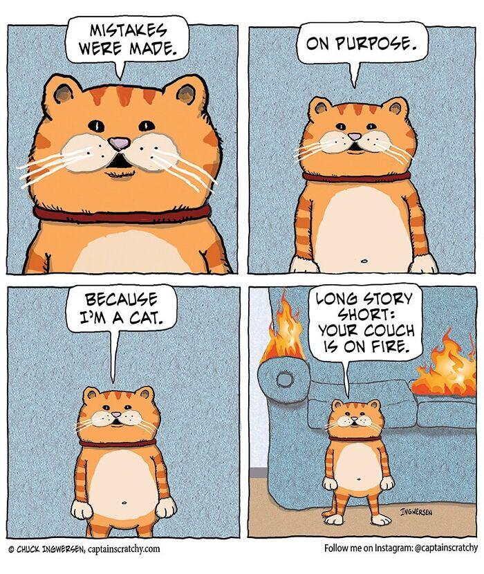 A comic where an orange cat admits to setting a couch on fire, emphasizing funny animals and situations.