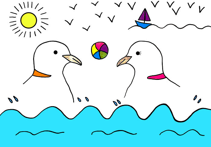 Two adorable dove characters swim in the ocean, playing with a colorful beach ball, with a sailboat and sun.