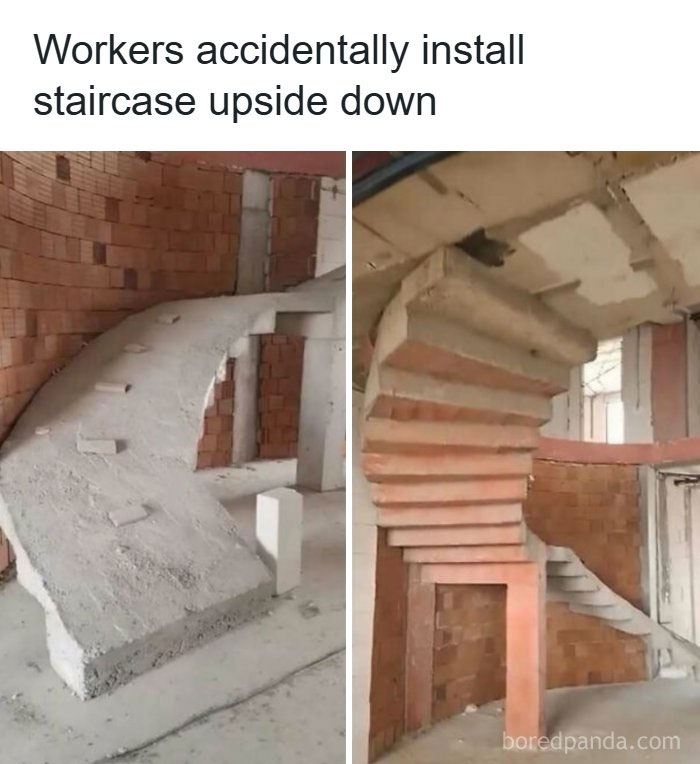 An upside-down concrete staircase under construction, a clear architecture and design fail.