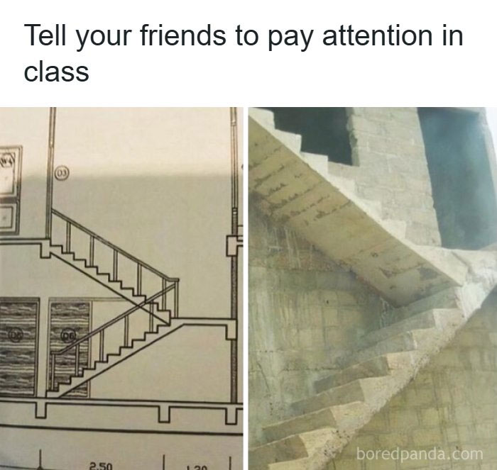 Funny architecture and design fails: side-by-side images of a staircase blueprint and a poorly constructed real-life version.
