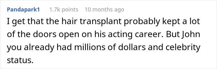 Screenshot of a comment about John Cena's hair transplant and acting career.
