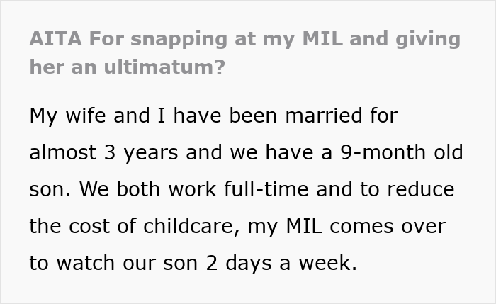 Text about MIL babysitting and childcare arrangement