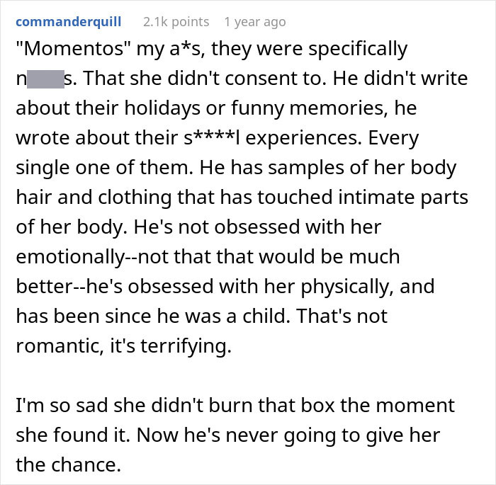 A detailed Reddit comment explaining how a husband's memory box reveals stalkerish tendencies and obsession with his wife. A detailed Reddit comment explaining how a husband's memory box reveals stalkerish tendencies and obsession with his wife.