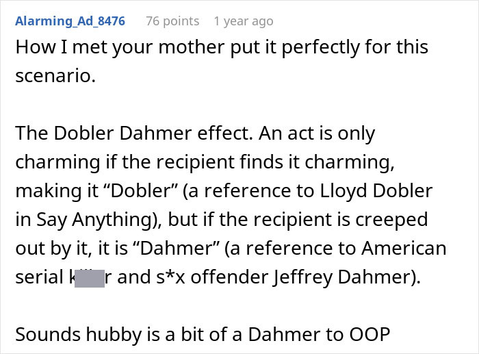 A comment about the 'Dobler Dahmer effect' relating to a woman's husband's memory box and stalkerish tendencies. A comment about the 'Dobler Dahmer effect' relating to a woman's husband's memory box and stalkerish tendencies.