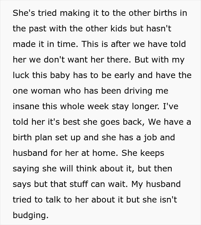 Pregnant woman having contractions, MIL refuses to leave during birth plan discussions.