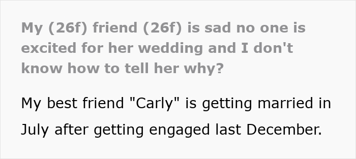 Text about a woman sad no one is excited for her wedding plans Text about a woman sad no one is excited for her wedding plans