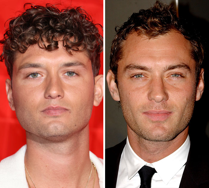 Rafferty Law and famous dad Jude Law, a dad-son duo who are clones of each other, showcasing their shared good looks.