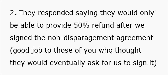 Response from coordinator offering 50 percent refund with non disparagement agreement