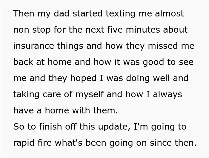 Text update describing a father texting about missing his daughter and offering a home after she refused a rule.