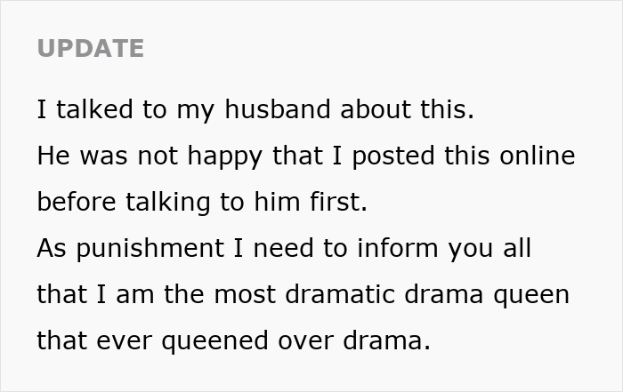 An update post from the guy who found his husband's secret, discussing the husband's reaction to the online post.