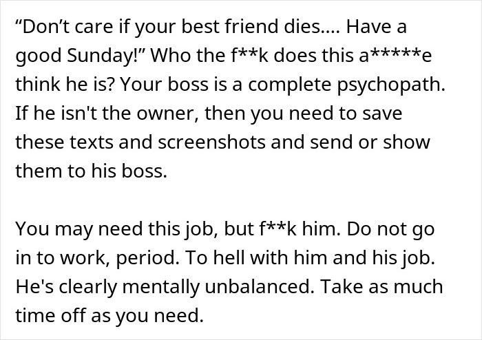 Strong condemnation of boss for uncaring messages to grieving employee Strong condemnation of boss for uncaring messages to grieving employee