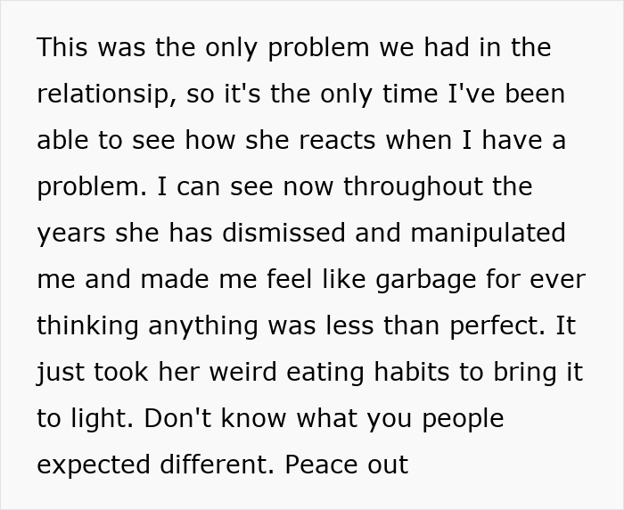 A screenshot of text about a picky eater girlfriend in a relationship causing problems. A screenshot of text about a picky eater girlfriend in a relationship causing problems.
