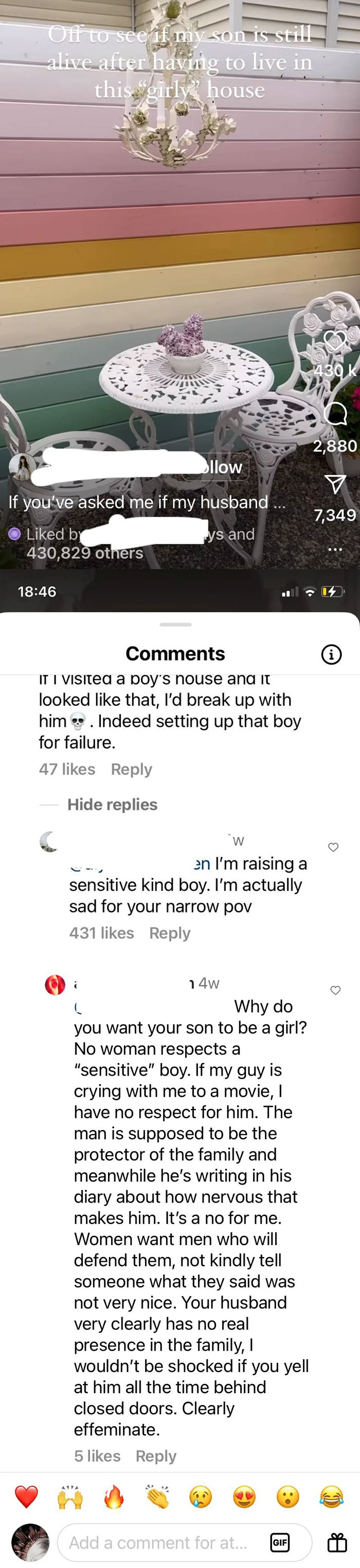 Instagram post about raising a sensitive boy in a girly house with related comments