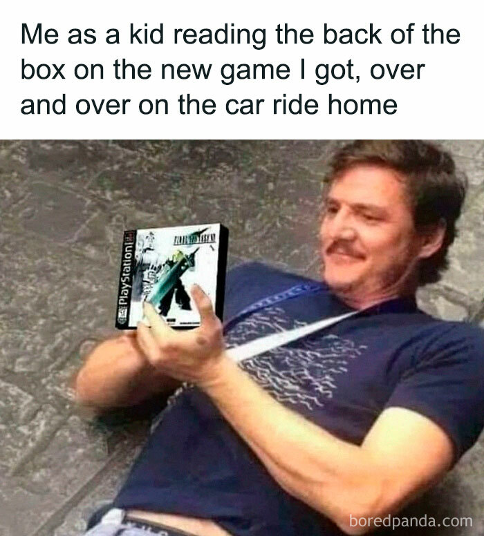 Man excitedly reading back of new PlayStation game box on car ride home
