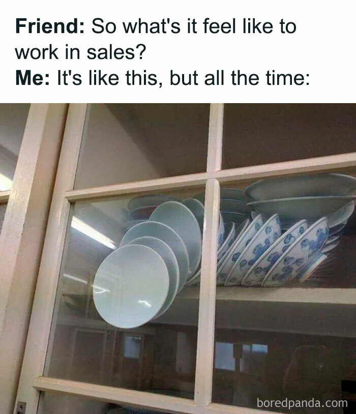 Funny sales meme with unbalanced plates representing saleswork