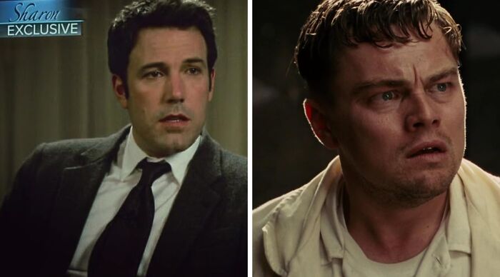 A split image for the Popular Fiction And Movies Would You Rather Poll, depicting Ben Affleck and Leonardo DiCaprio.