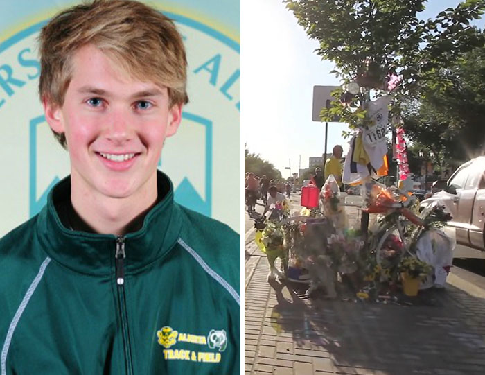 Image of a young male track athlete and a roadside memorial, depicting bizarre accidents and loss of life.