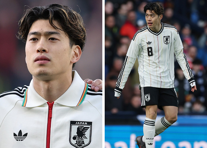 A split image of a World Cup heartthrob: on the left, a close-up in a white top, and on the right, playing in a white and black uniform.