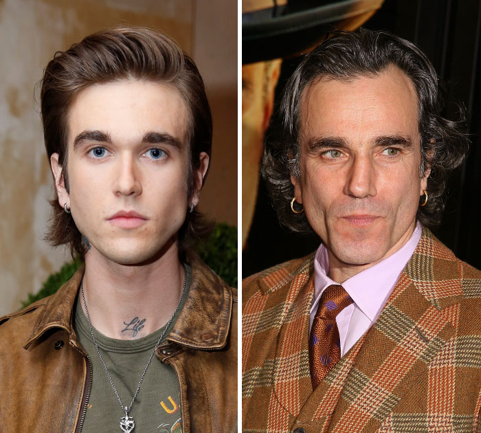 Gabriel-Kane Day-Lewis and dad Daniel Day-Lewis in a famous dad-son duo portrait, showcasing their striking resemblance.