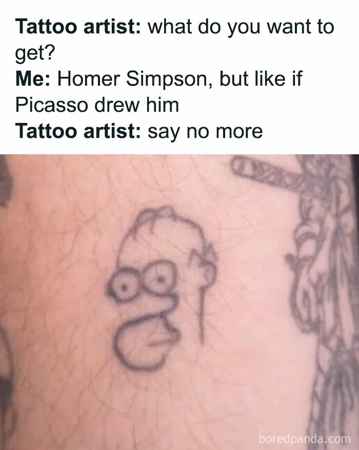 Hilarious tattoo meme: A poorly drawn Homer Simpson tattoo, illustrating a tattoo fail when asking for a Picasso-style Homer.