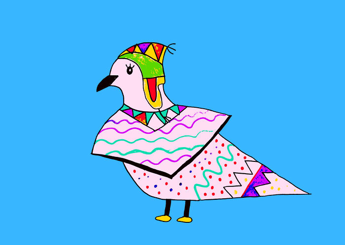 An adorable dove character wearing a colorful poncho and hat, featuring vibrant patterns against a blue background.
