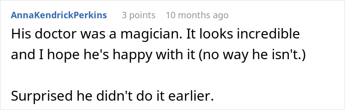 A Reddit user comment about John Cena's hair transplant, praising the incredible results and expressing happiness for him.