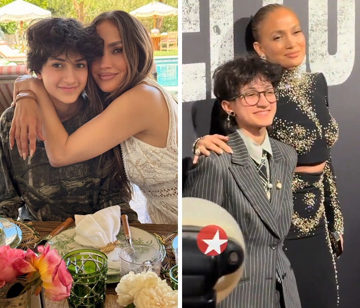 Jennifer Lopez hugging her transgender child by the pool