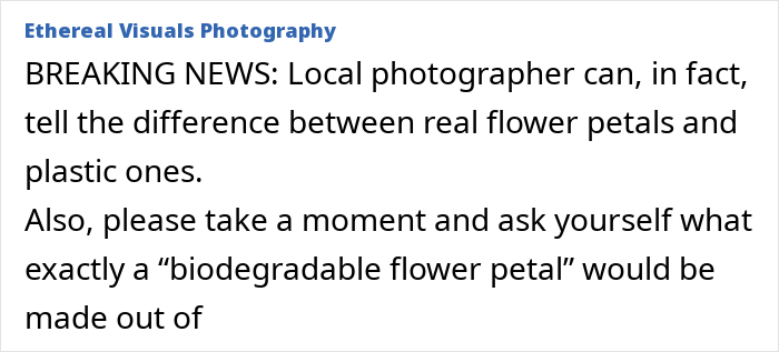 Photographer discusses exposing fake petals left after beach proposal.