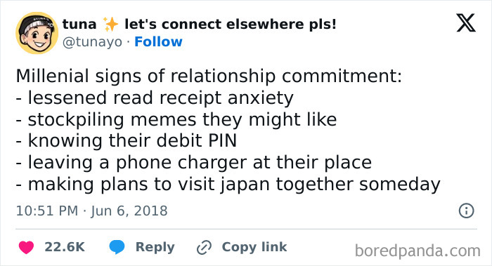 Millennial signs of relationship commitment listed in tweet