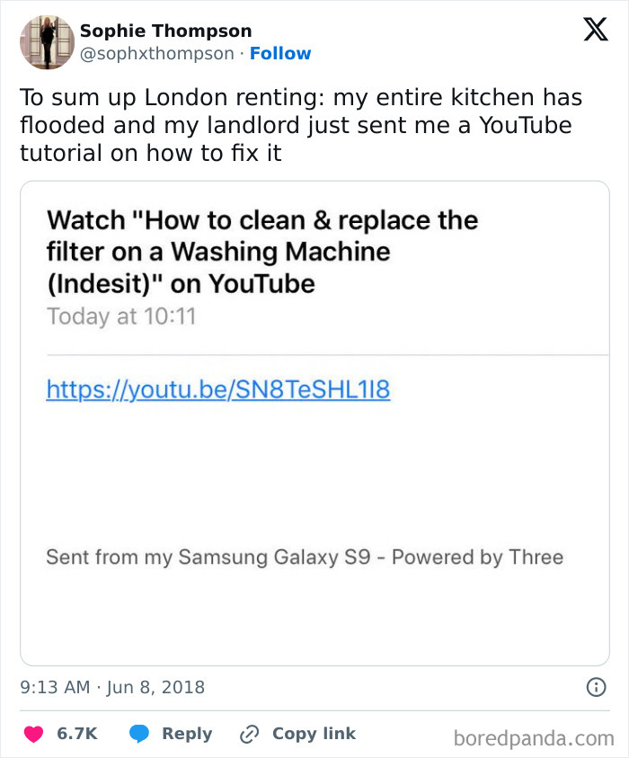 Tweet about horrible landlords sending a YouTube tutorial to fix a flooded kitchen, making tenant's life miserable.