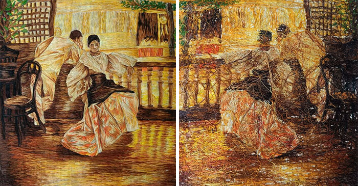 Dual embroidery creations depicting people in traditional attire, showcasing stunning embroidery.