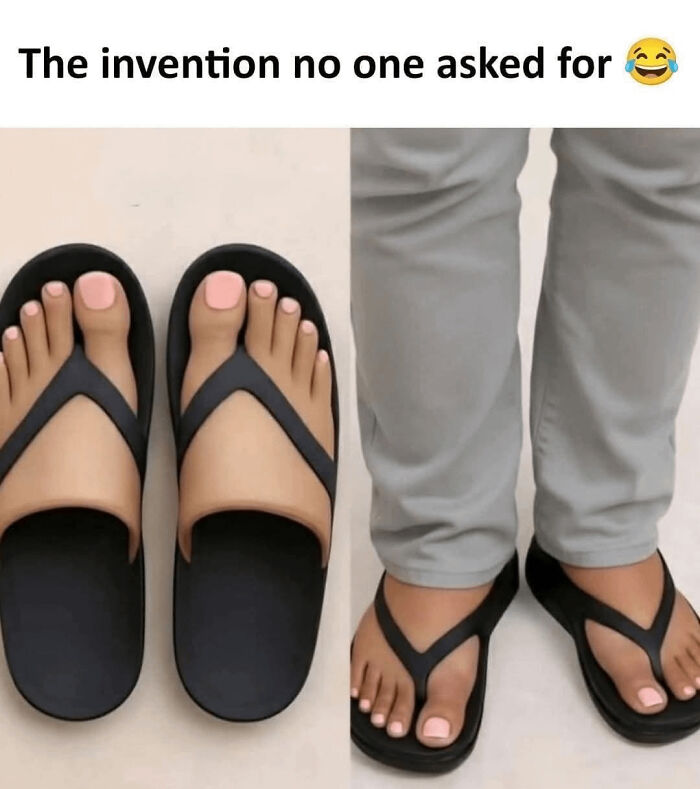 A blursed meme featuring bizarre flip-flops shaped like human feet, both off and on a person's feet.