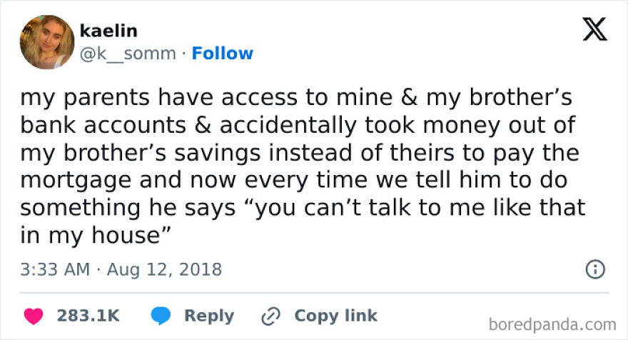 Funny meme about parents accidentally taking brother's savings from bank account