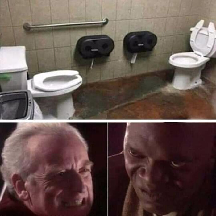 A blursed meme showing two toilets positioned awkwardly next to each other, with two reaction faces below.