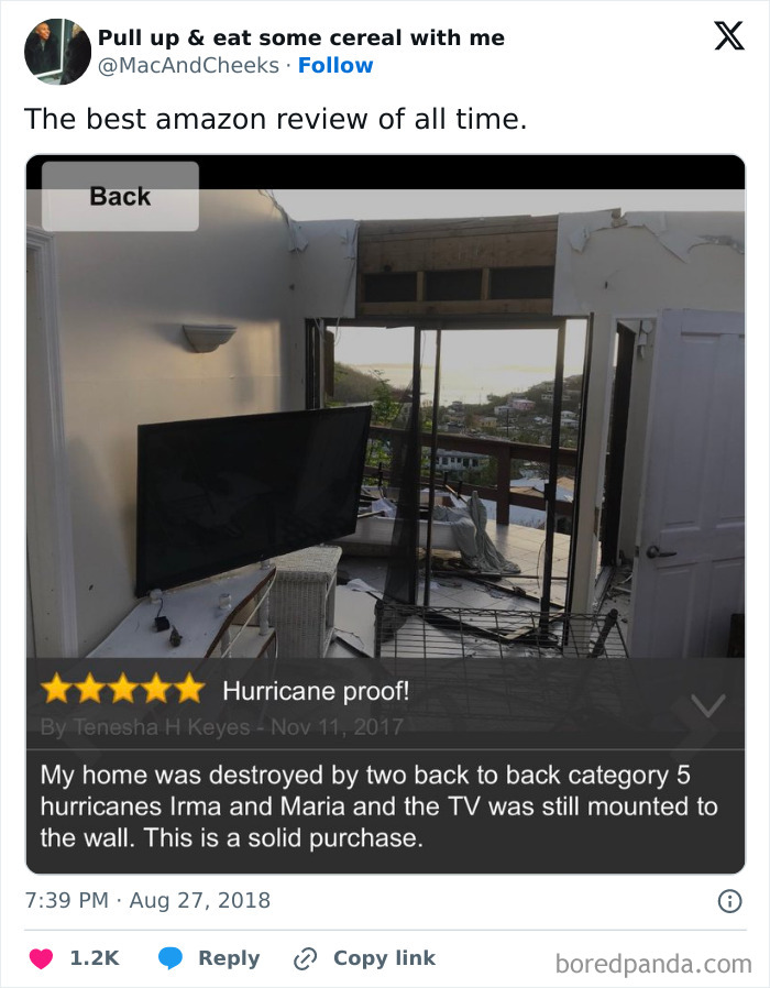 Funny online reviews: An Amazon customer review showing a TV still mounted in a hurricane-damaged room.