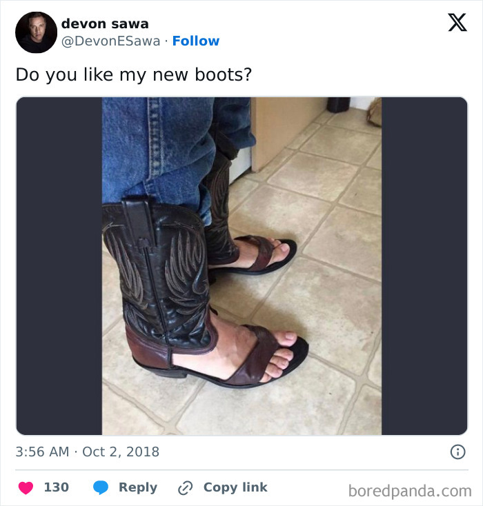 A pair of cowboy boots cut into sandals, showcasing bad clothing designs.