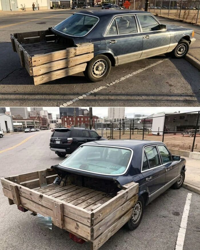A car with a wooden truck bed attached to the rear, showcasing unusual Slavic Science.