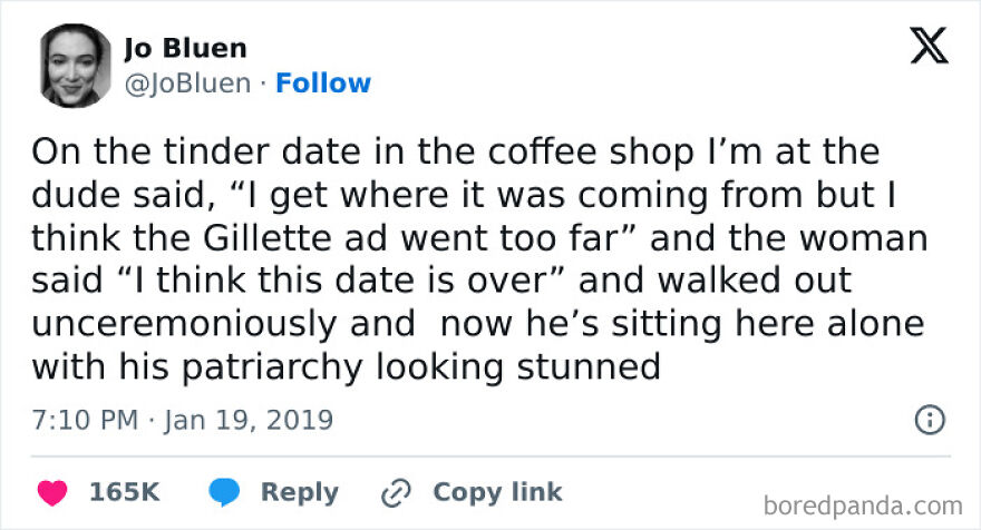 Feminist tweet about a Tinder date ending over a Gillette ad debate on patriarchy.