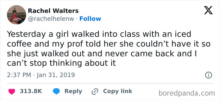 Random meme tweet about a girl banned from class for bringing iced coffee
