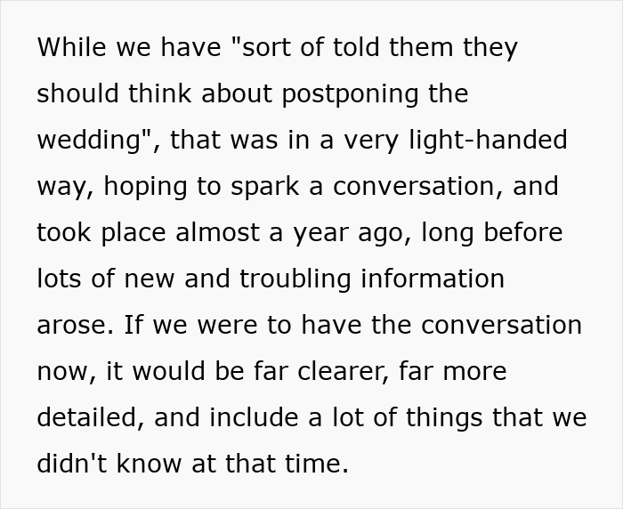 Text about conversation on postponing wedding and troubling information Text about conversation on postponing wedding and troubling information