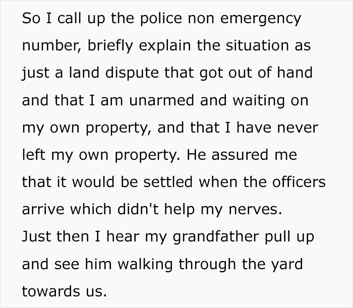 A screenshot of text about calling non-emergency police and grandpa arriving to address the entitled mom and trespassing. A screenshot of text about calling non-emergency police and grandpa arriving to address the entitled mom and trespassing.