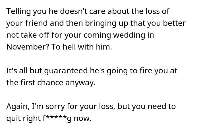 Comment criticizing boss for lack of empathy during employee grief Comment criticizing boss for lack of empathy during employee grief