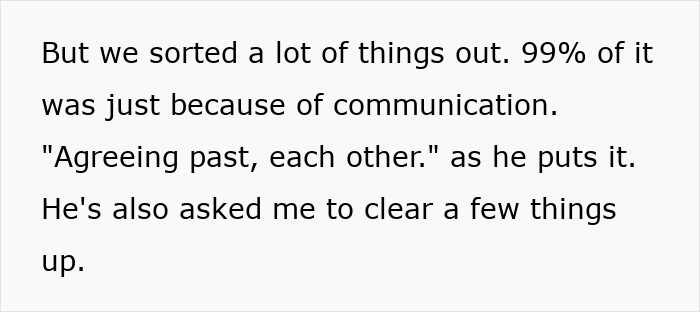 A screenshot of text discussing communication after finding husband's things, revealing a double life.